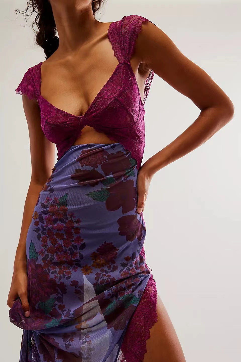 Floral Lace Trim Cut Out Slip Midi Dress 9