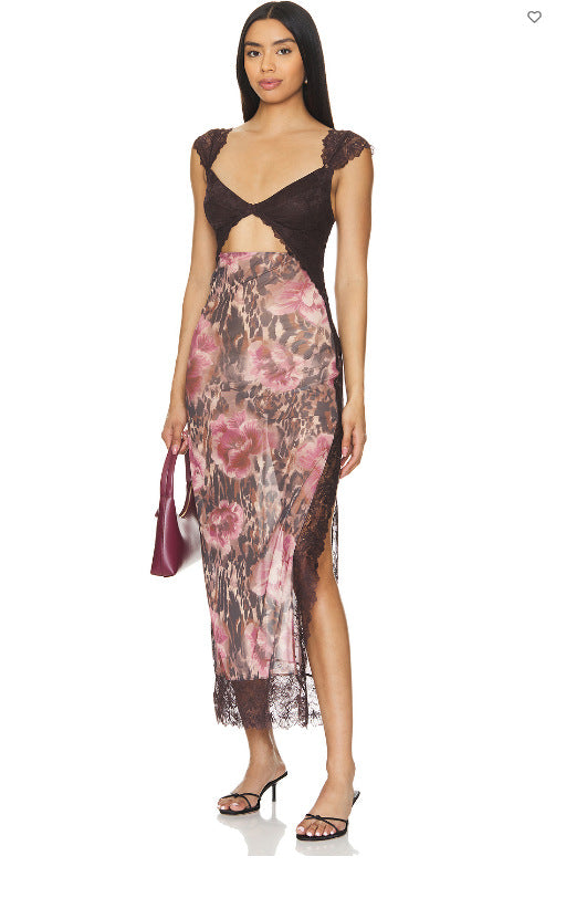 Floral Lace Trim Cut Out Slip Midi Dress 14