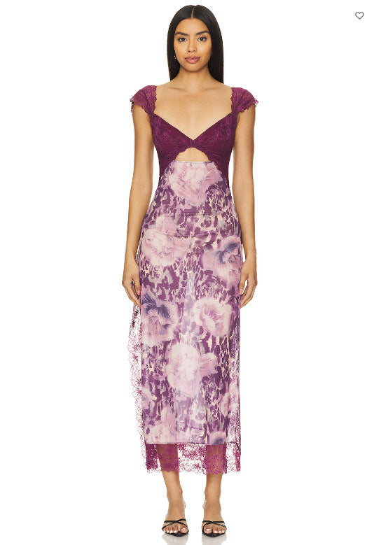 Floral Lace Trim Cut Out Slip Midi Dress 16