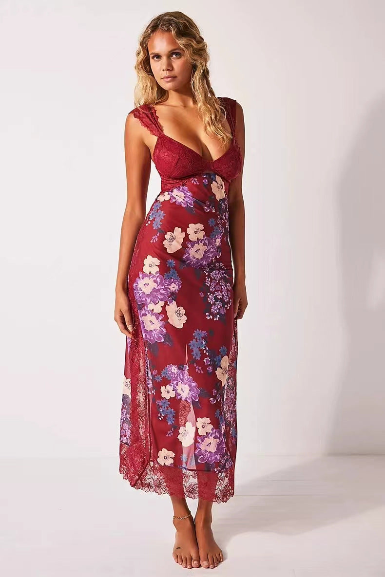 Floral Lace Trim Cut Out Slip Midi Dress 19