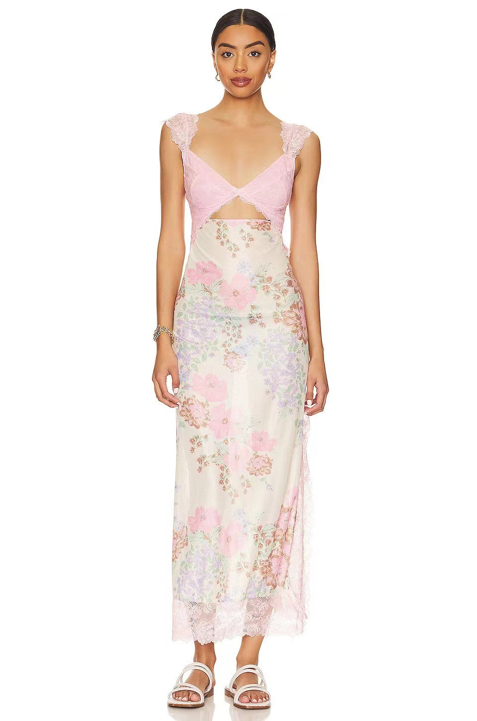 Floral Lace Trim Cut Out Slip Midi Dress 23