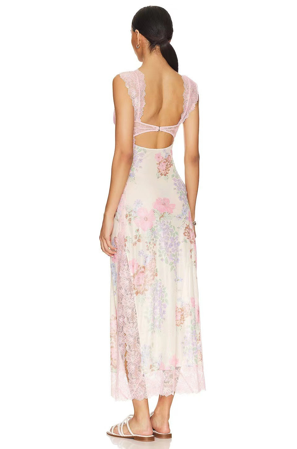 Floral Lace Trim Cut Out Slip Midi Dress 24