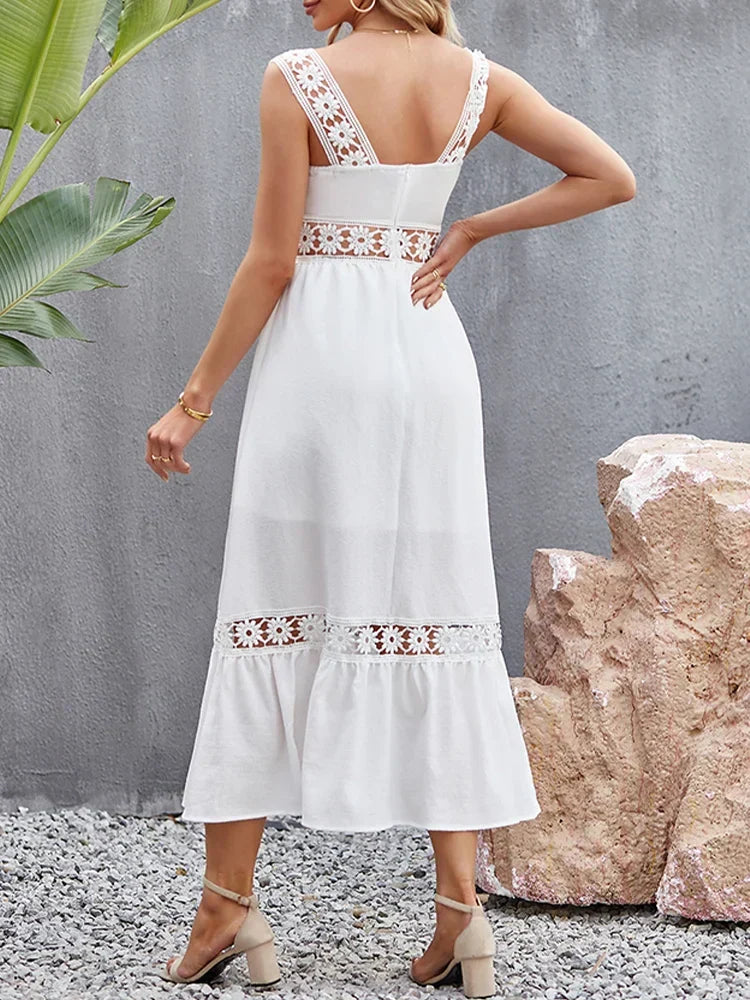 Square Neck Crochet Lace Trim Tiered Boho Maxi Dress - View 6
