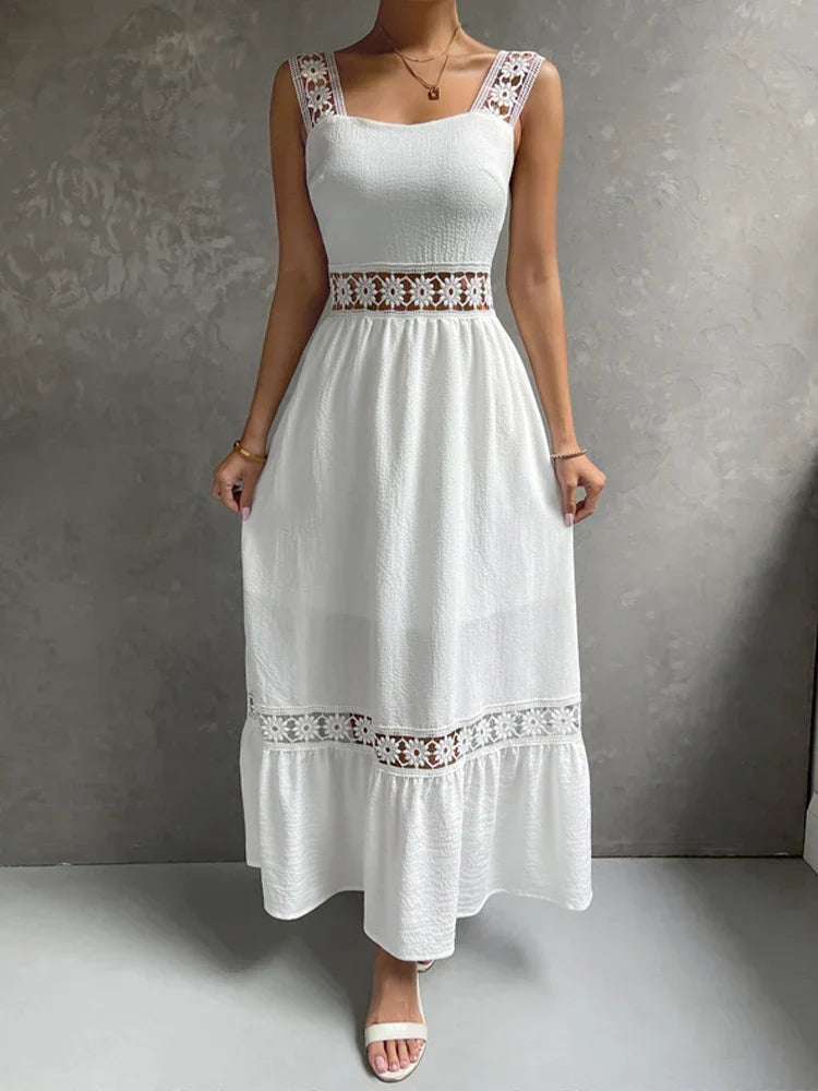 Square Neck Crochet Lace Trim Tiered Boho Maxi Dress - View 11