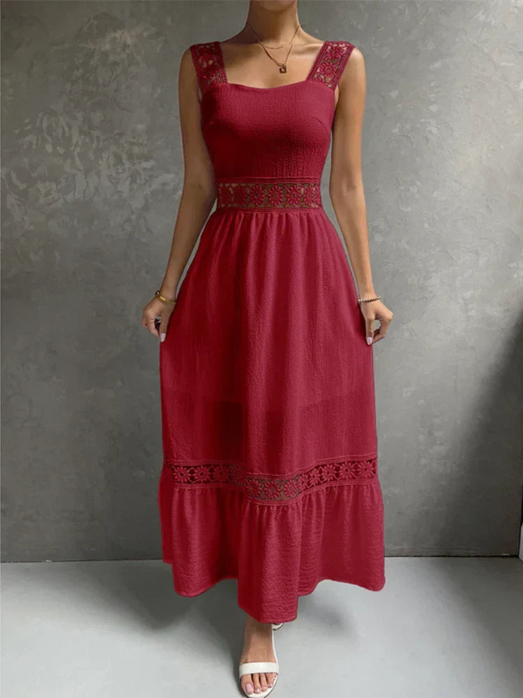Square Neck Crochet Lace Trim Tiered Boho Maxi Dress - View 13