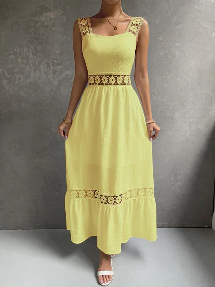 Square Neck Crochet Lace Trim Tiered Boho Maxi Dress - View 12