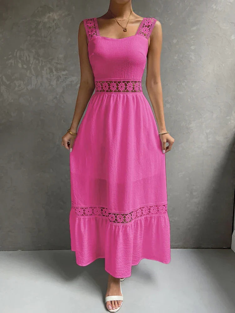 Square Neck Crochet Lace Trim Tiered Boho Maxi Dress - View 9