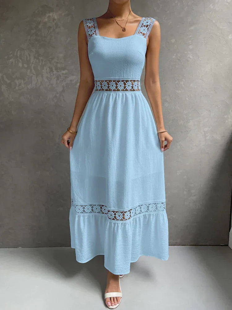 Square Neck Crochet Lace Trim Tiered Boho Maxi Dress - View 8