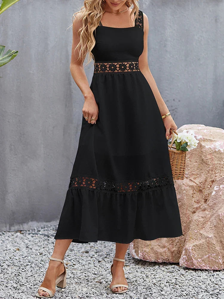 Square Neck Crochet Lace Trim Tiered Boho Maxi Dress - View 5