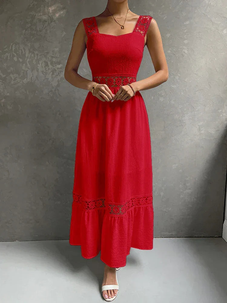 Square Neck Crochet Lace Trim Tiered Boho Maxi Dress - View 10
