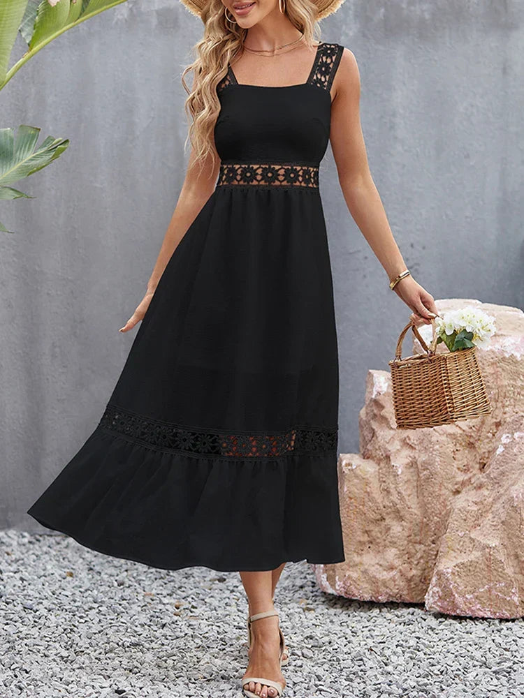 Square Neck Crochet Lace Trim Tiered Boho Maxi Dress - View 4