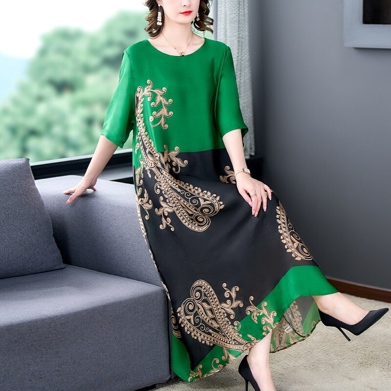Paisley Print Round Neck Half Sleeve Color Block Panel Midi Dress