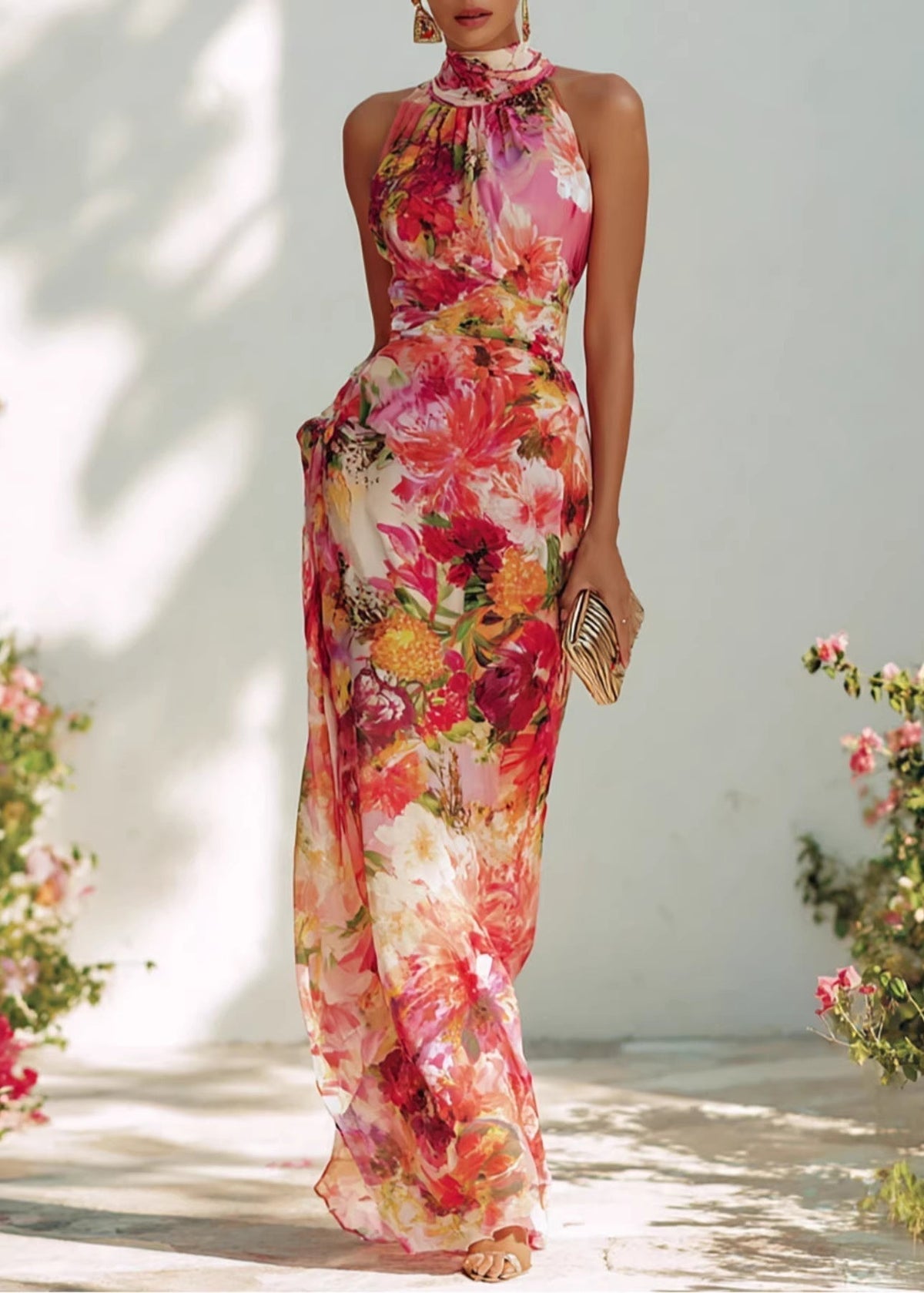 Chiffon Floral Print Halter Neck Sleeveless Draped Wrap Maxi Gown