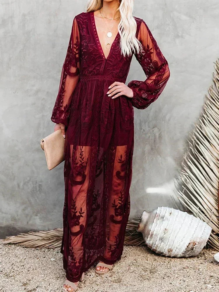 Lace Embroidered Deep V-Neck Long Sleeve Sheer Overlay Maxi Dress - View 5