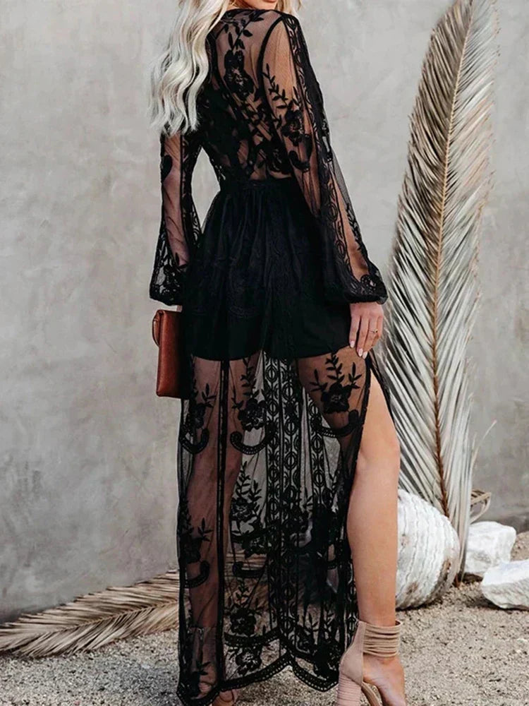 Lace Embroidered Deep V-Neck Long Sleeve Sheer Overlay Maxi Dress - View 4