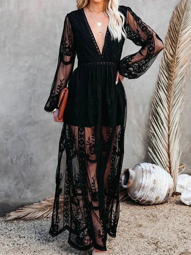 Lace Embroidered Deep V-Neck Long Sleeve Sheer Overlay Maxi Dress - View 3