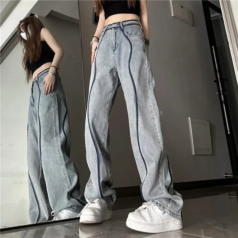 High Waisted Loose Straight Jeans Pants blue / XS