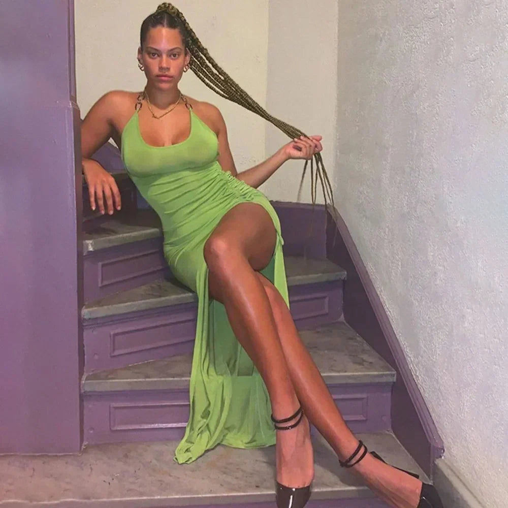 Backless Halter-Neck Ruched Midi Dress