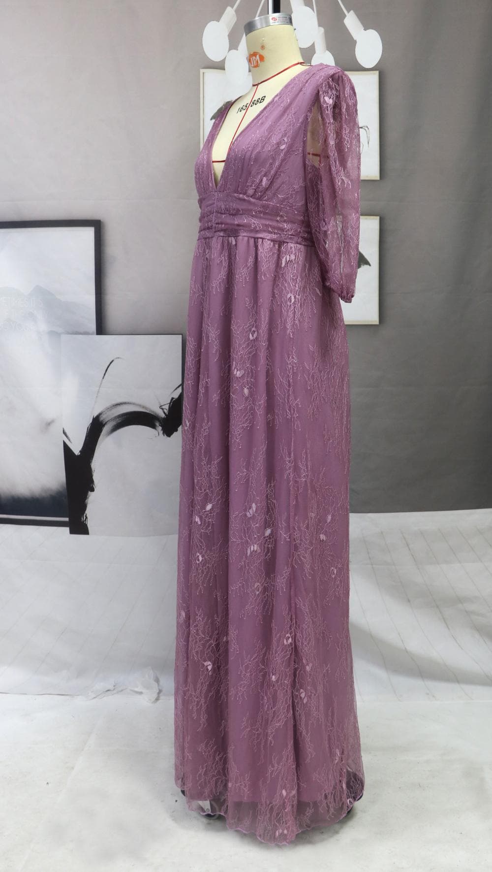 Embossed Floral Puff Sleeve V-Neck Ruched High Split Maxi Gown - View 5