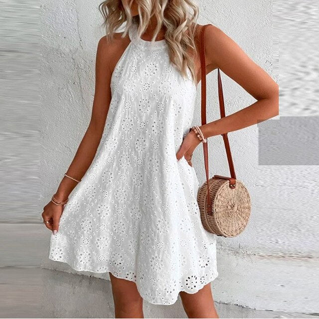 Halter Neck Sleeveless Eyelet Lace Scalloped Hem A-Line Mini Dress