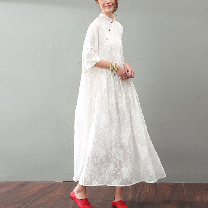 Floral Embroidered Mandarin Collar Button Front Half Maxi Dress