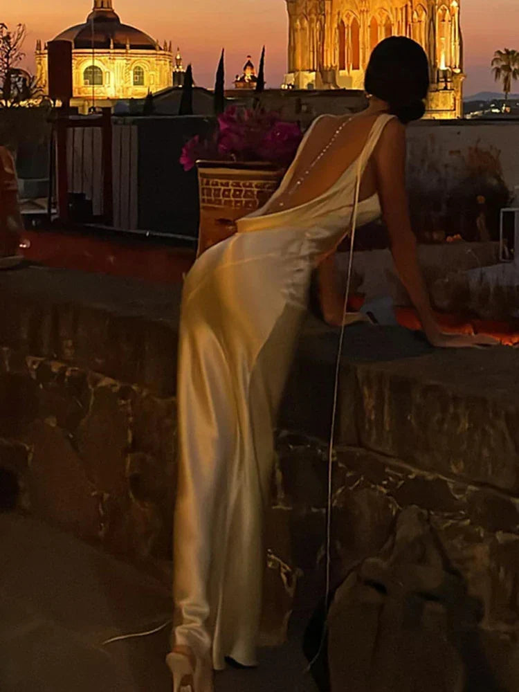 Sunny Evening Spaghetti Strap Backless Satin Maxi Dress - View 6