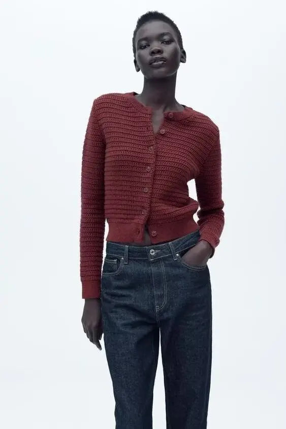 Simple Casual Textured Round Neck Cardigan Red / S