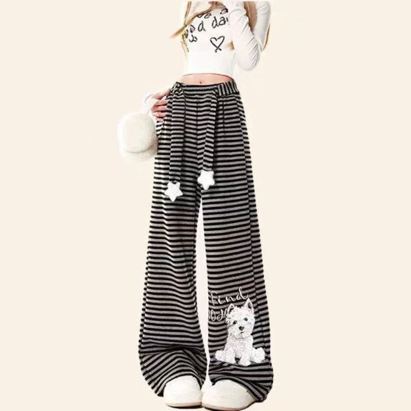Dog Print Striped Fleece Pants