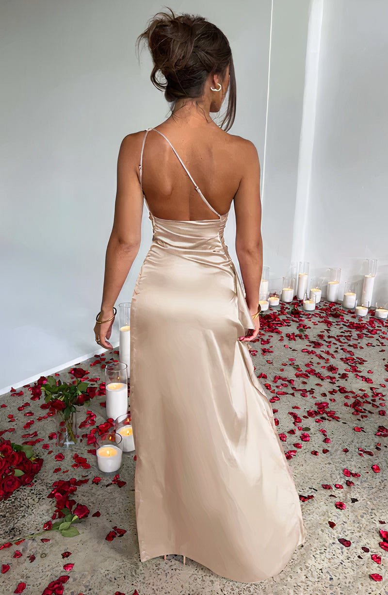 Satin One Shoulder Ruched Hip Drape High Split Train Maxi Gown - View 2