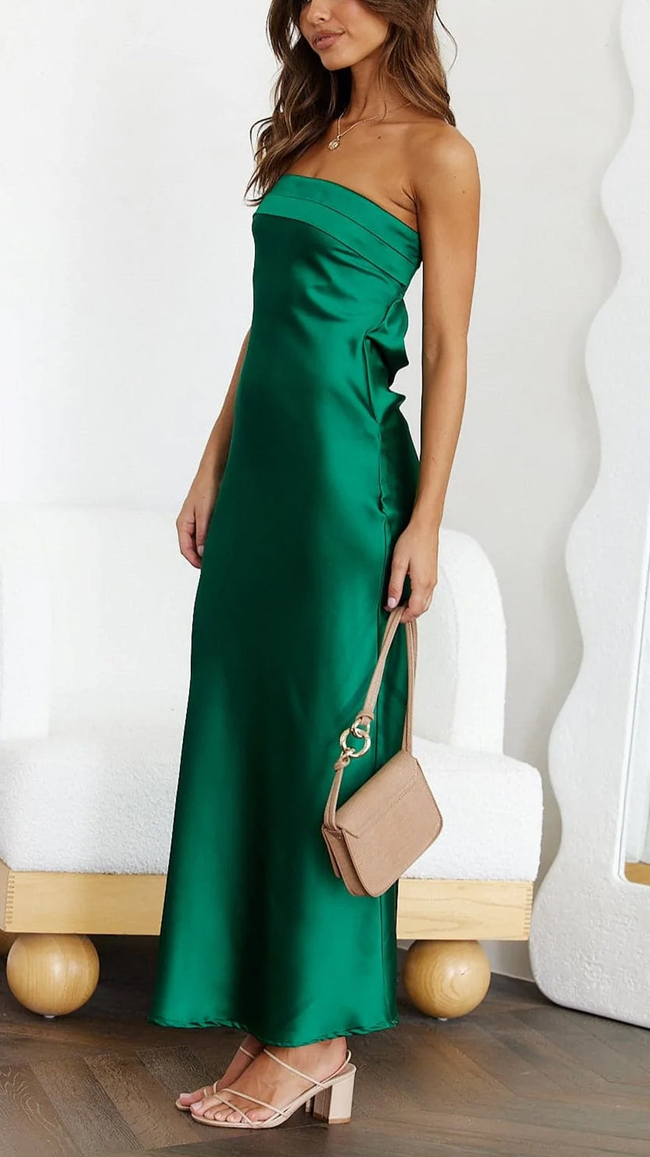 Satin Strapless Fold Over Neck Bodycon Column Maxi Gown - View 2