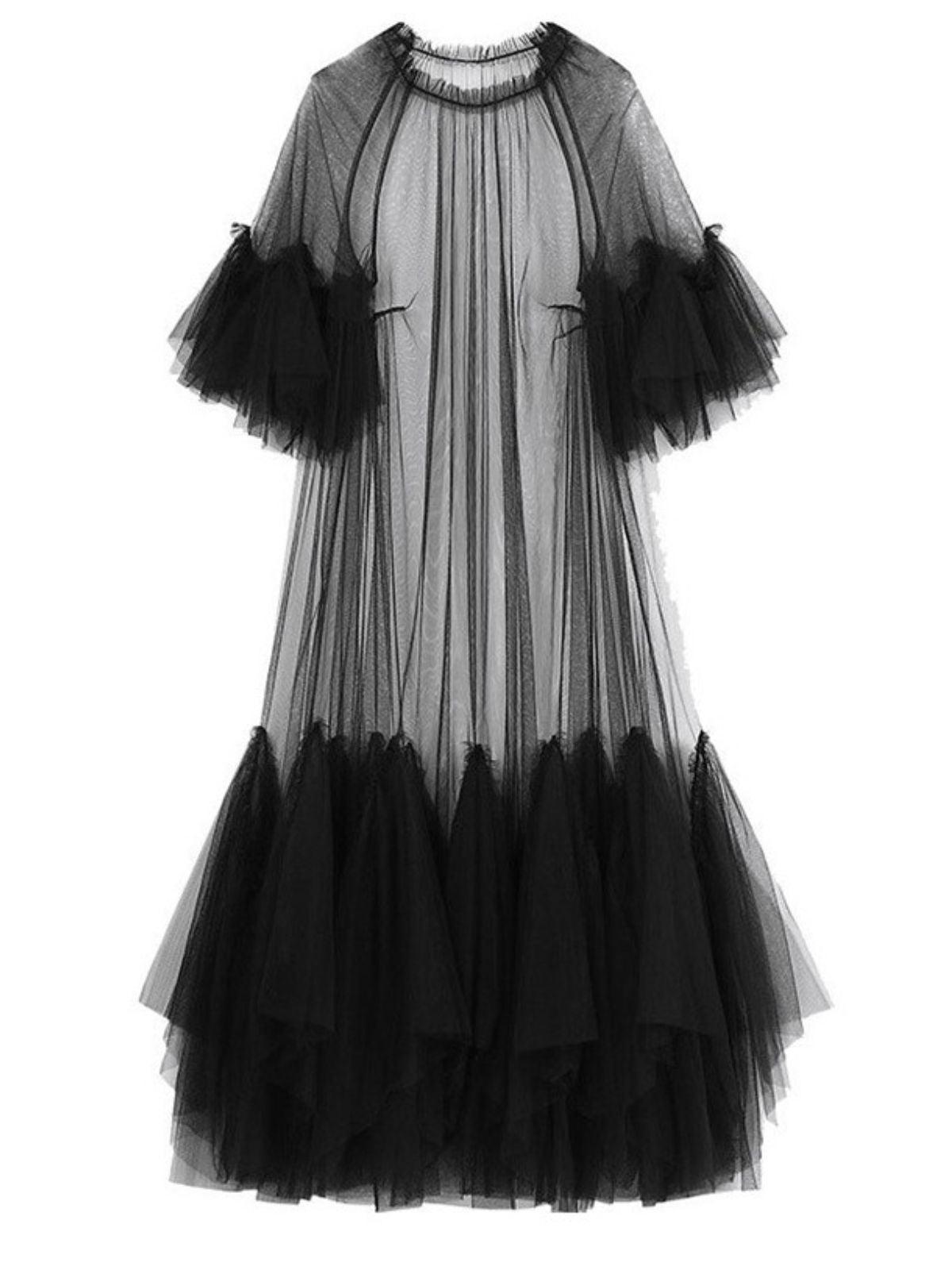 Sheer Mesh Tiered Ruffle Long Sleeve Maxi Gown - View 6