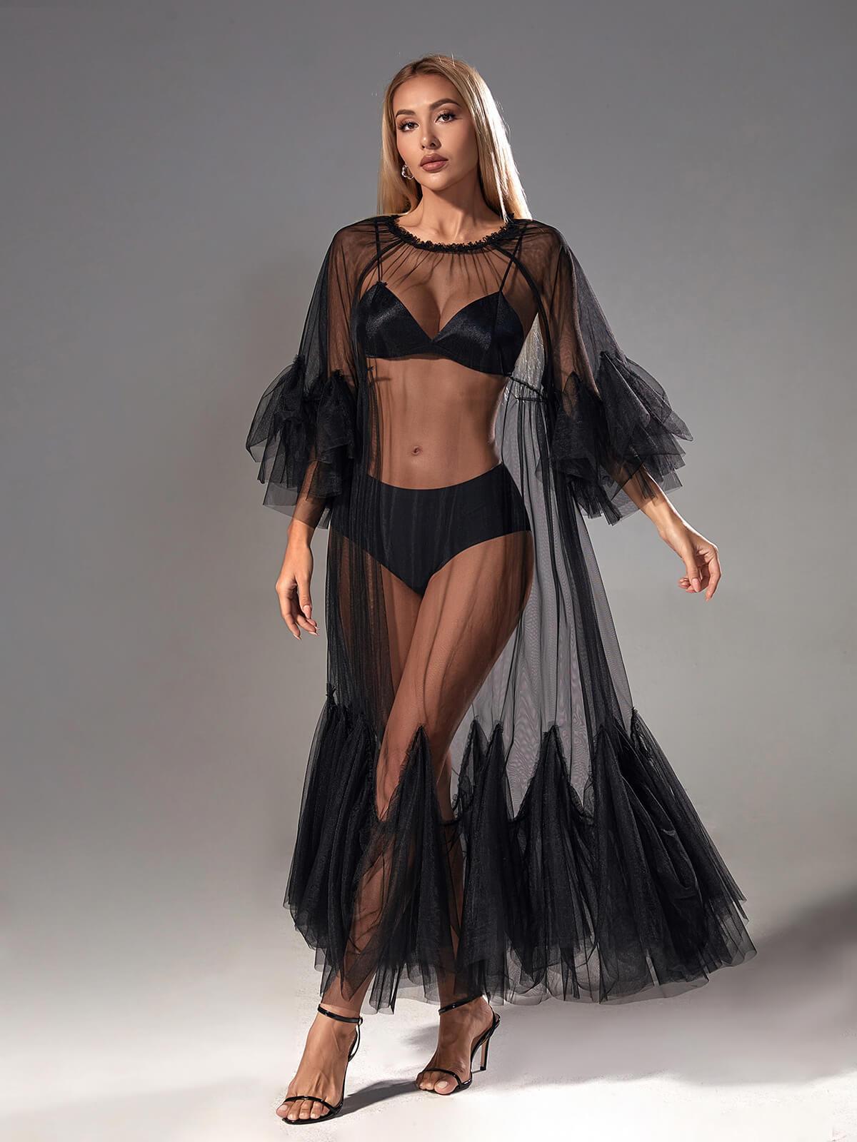 Sheer Mesh Tiered Ruffle Long Sleeve Maxi Gown - View 2