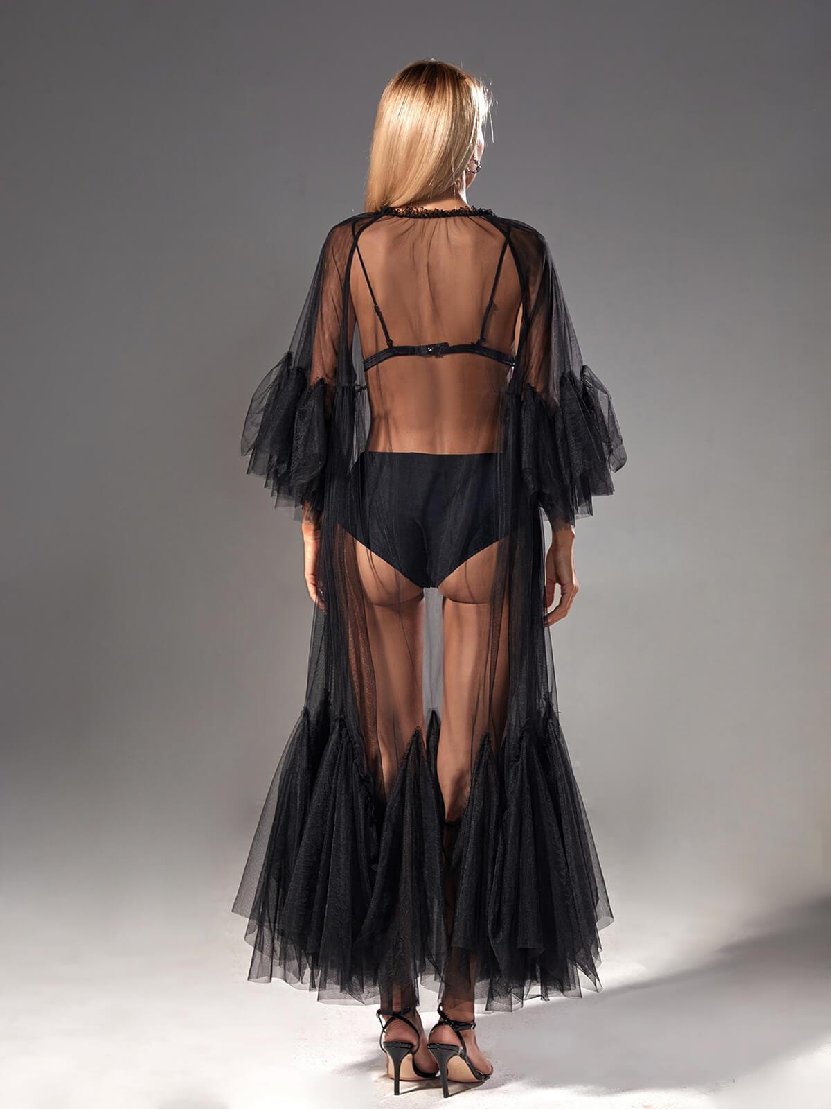 Sheer Mesh Tiered Ruffle Long Sleeve Maxi Gown - View 5