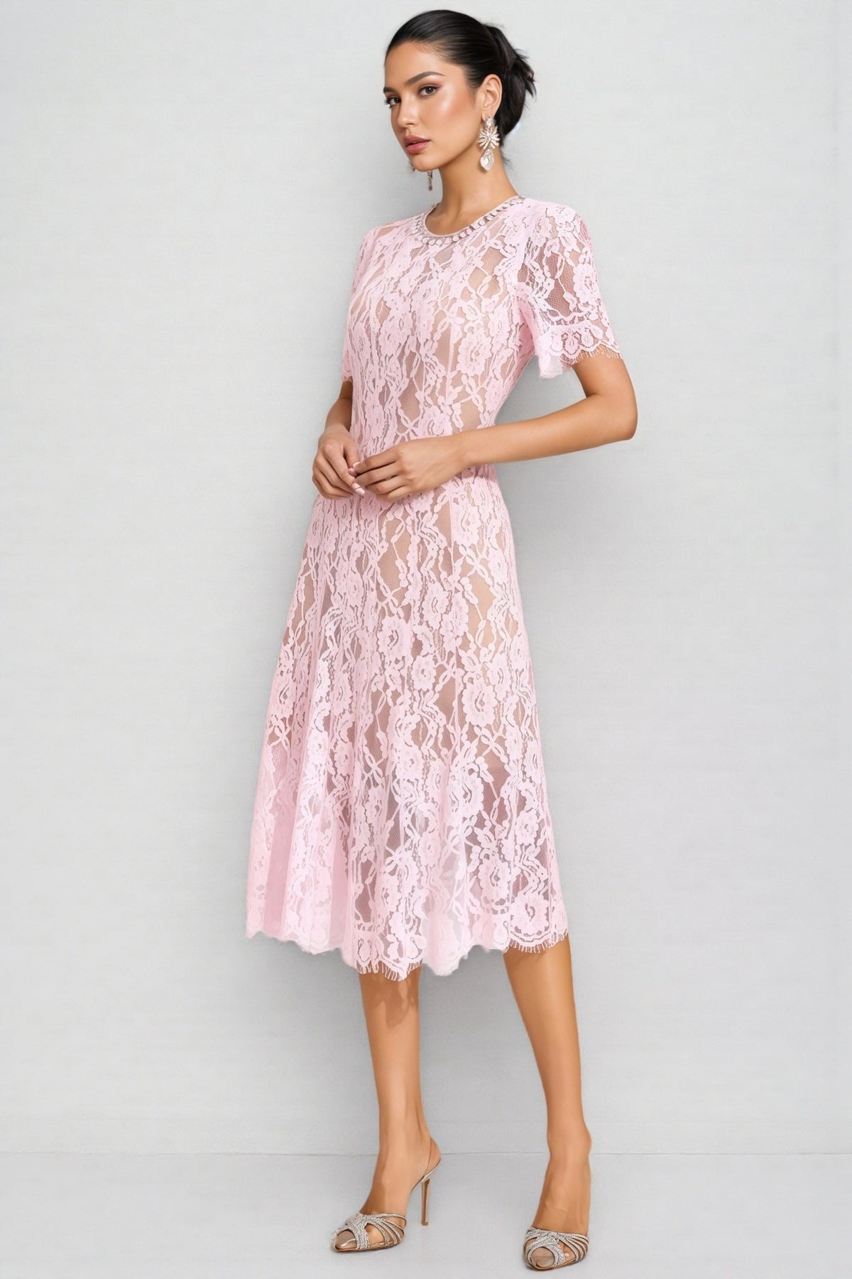 Nelia Pink Cut Out Lace Midi Dress - View 5
