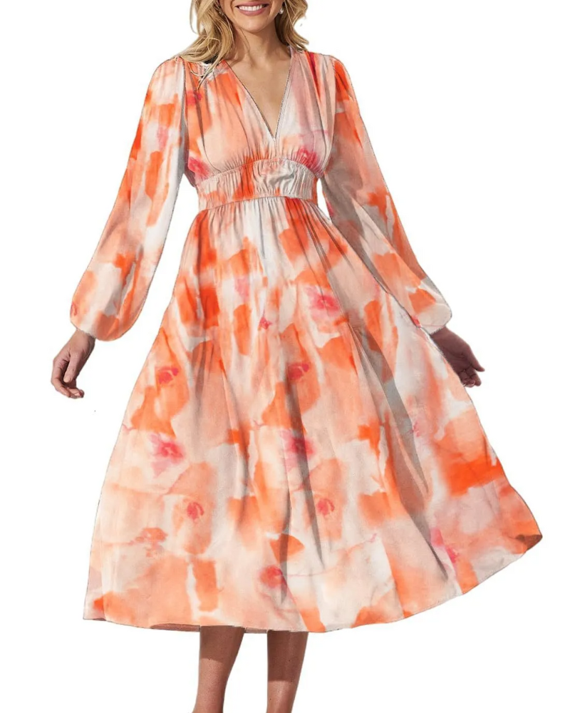 Floral Chiffon V-Neck Long Sleeve Ruched Waist Maxi Dress 14