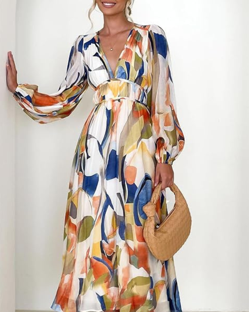 Floral Chiffon V-Neck Long Sleeve Ruched Waist Maxi Dress 17