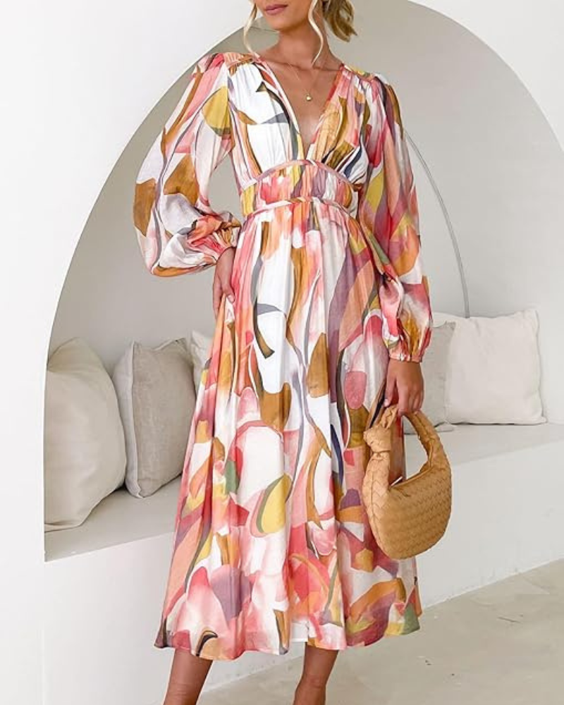 Floral Chiffon V-Neck Long Sleeve Ruched Waist Maxi Dress 22