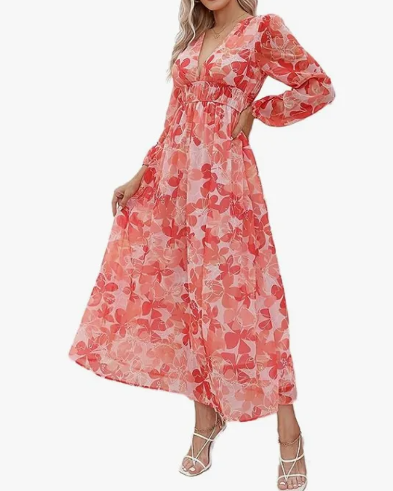 Floral Chiffon V-Neck Long Sleeve Ruched Waist Maxi Dress 18