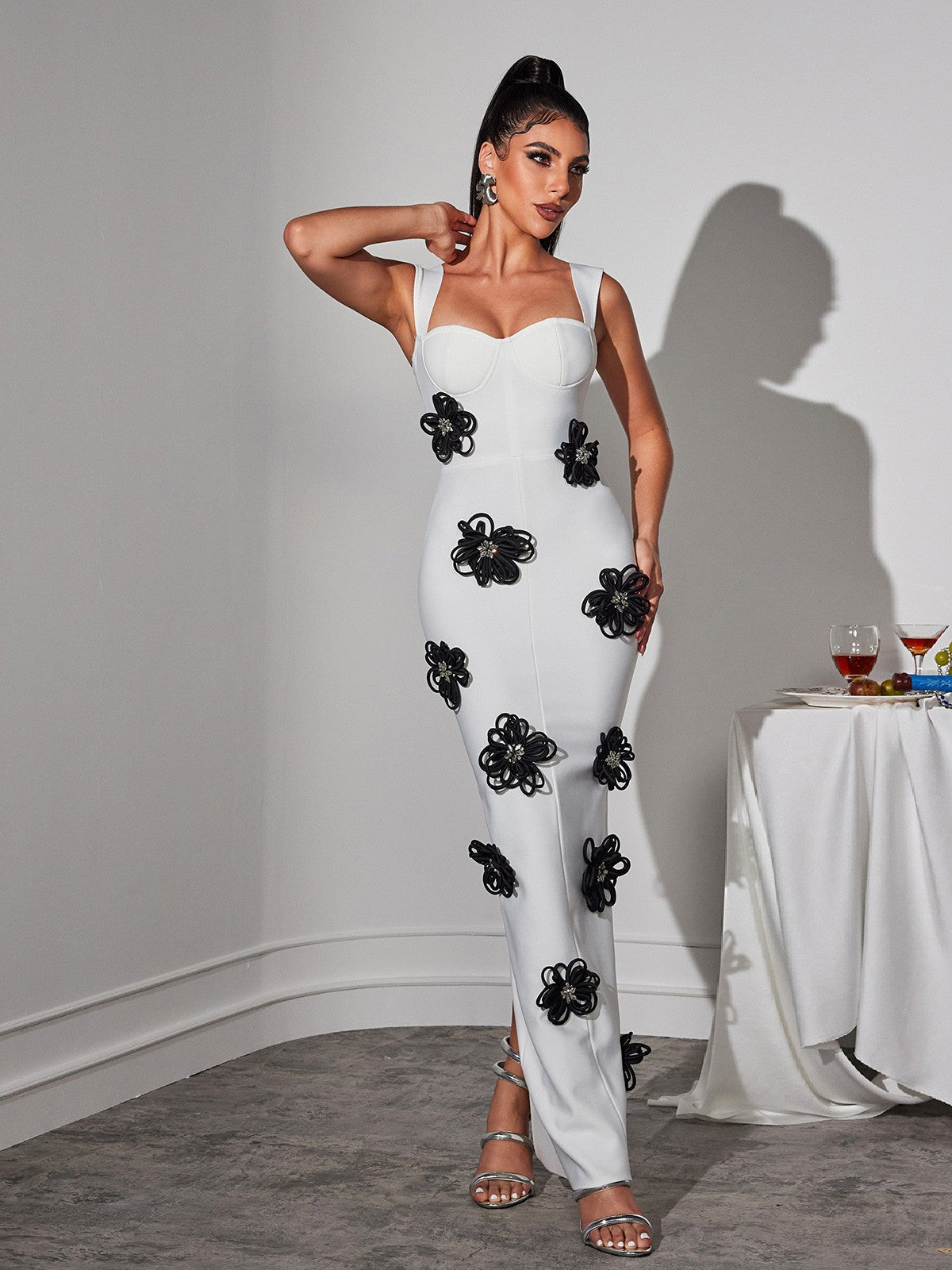 Bandage Sweetheart 3D Flower High Split Mermaid Maxi Dress - View 4