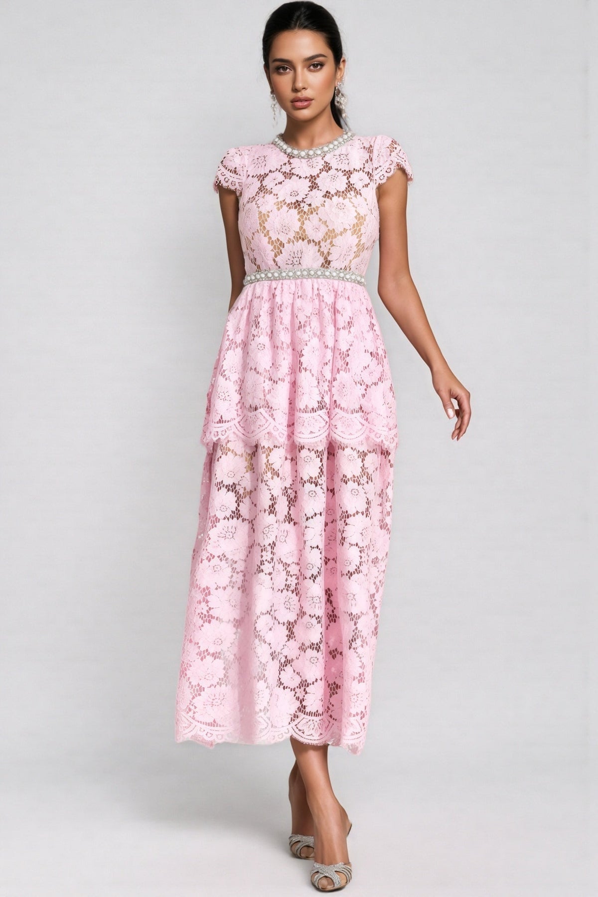 Pearl Trim Crew Neck Cap Sleeve Tiered Peplum Lace Maxi Gown