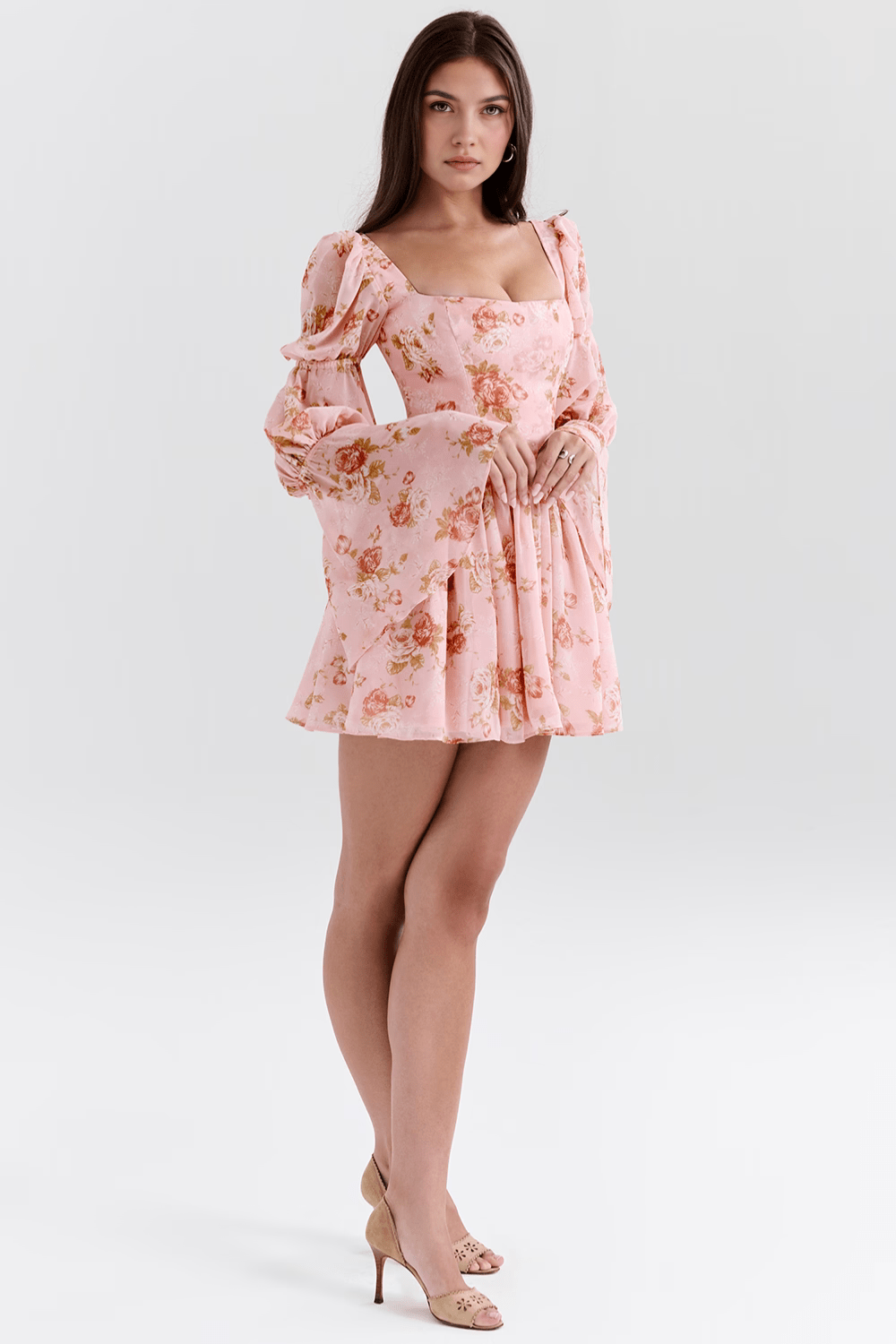 Floral Square Neck Puff Sleeve Corset Fit and Flare Mini Dress 3