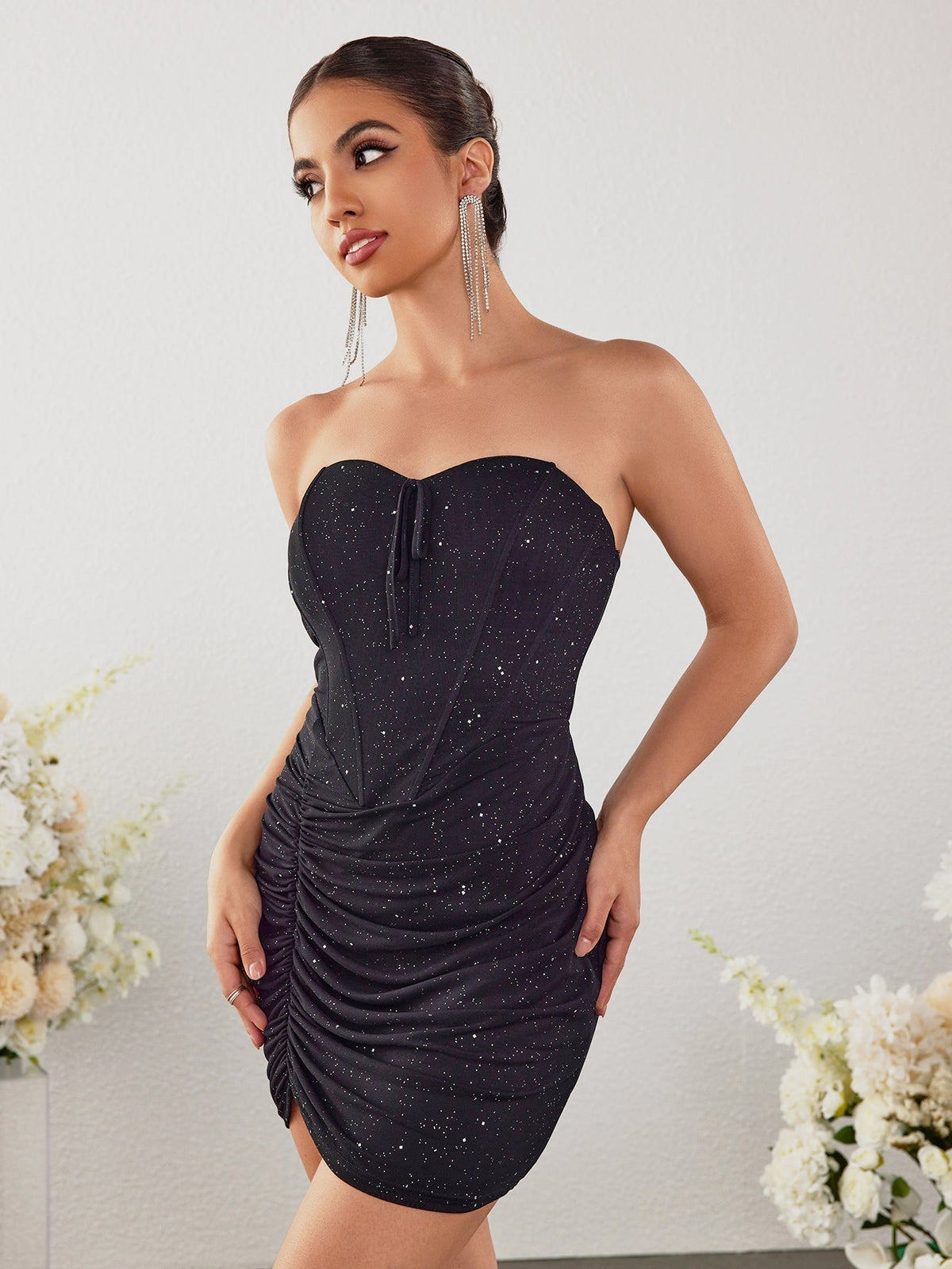 Glitter Strapless Sweetheart Corset Tie Front Bodycon Mini Dress - View 3