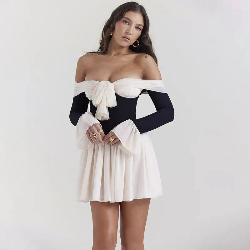 Off Shoulder Tie Front Bell Sleeve Corset Fit and Flare Mini Dress - View 3
