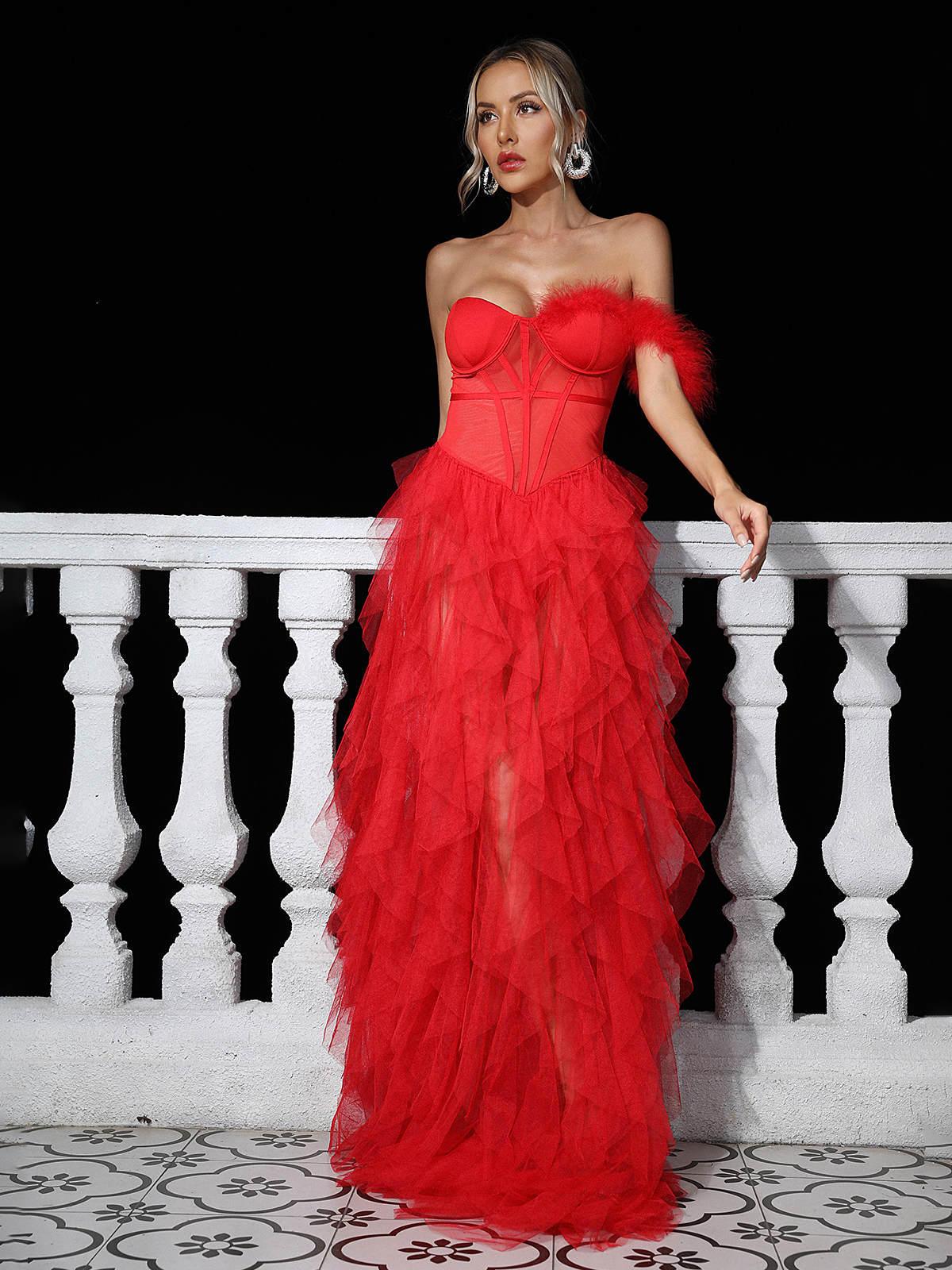 Titania One Shoulder Tulle Maxi Dress In Red - View 5