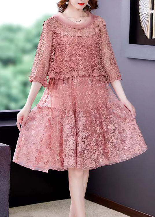 Pink O-Neck Ruffled Patchwork Lace Dress Half Sleeve - View 3