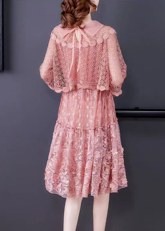 Pink O-Neck Ruffled Patchwork Lace Dress Half Sleeve - View 5