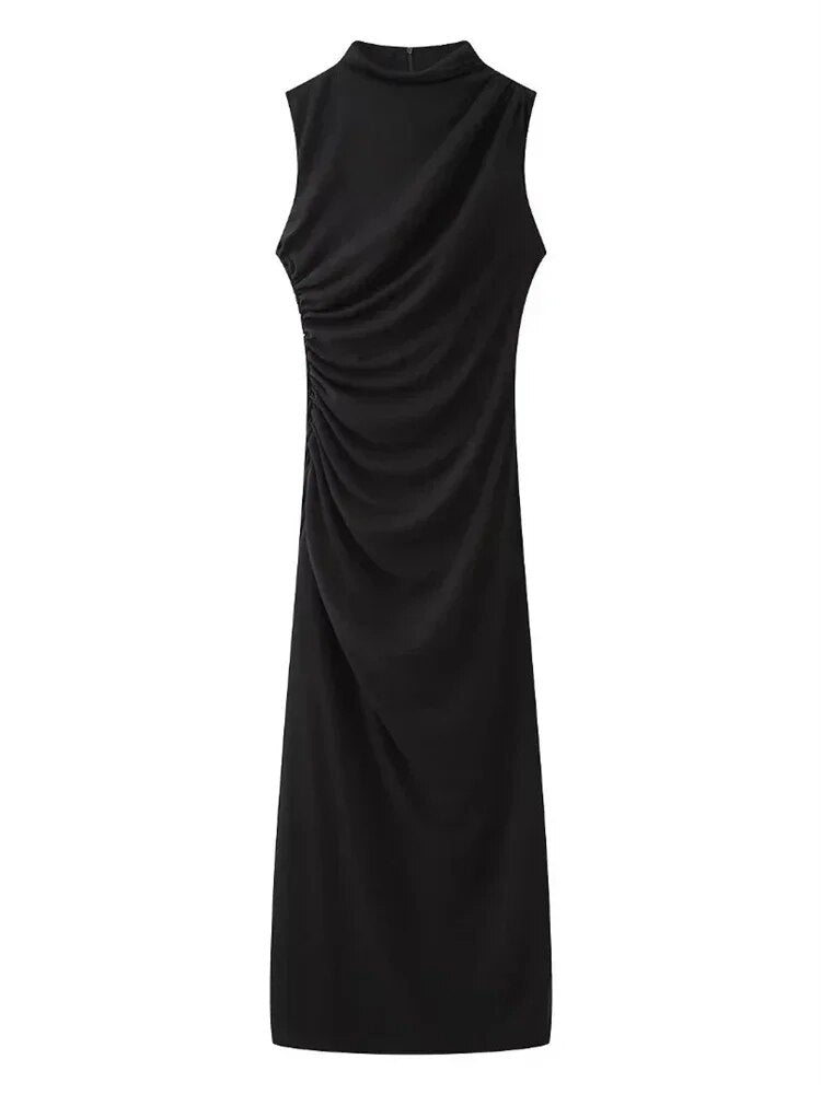 Sleeveless Mock Neck Asymmetric Ruched Bodycon Maxi Gown - View 3