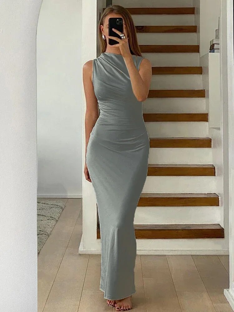Sleeveless Mock Neck Asymmetric Ruched Bodycon Maxi Gown - View 2