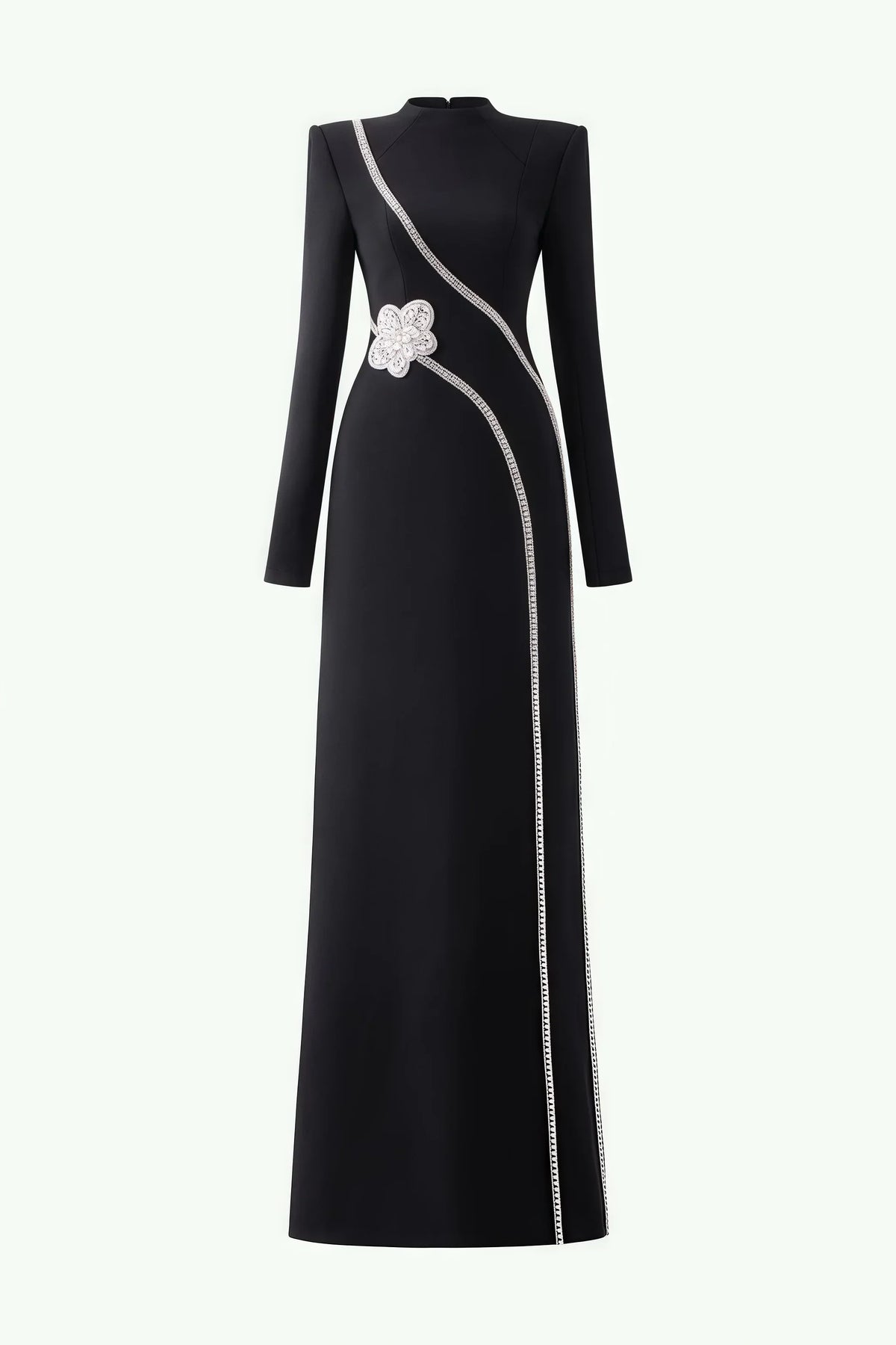 Rhinestone Trim High Neck Long Sleeve Cut Out Column Maxi Gown - View 3