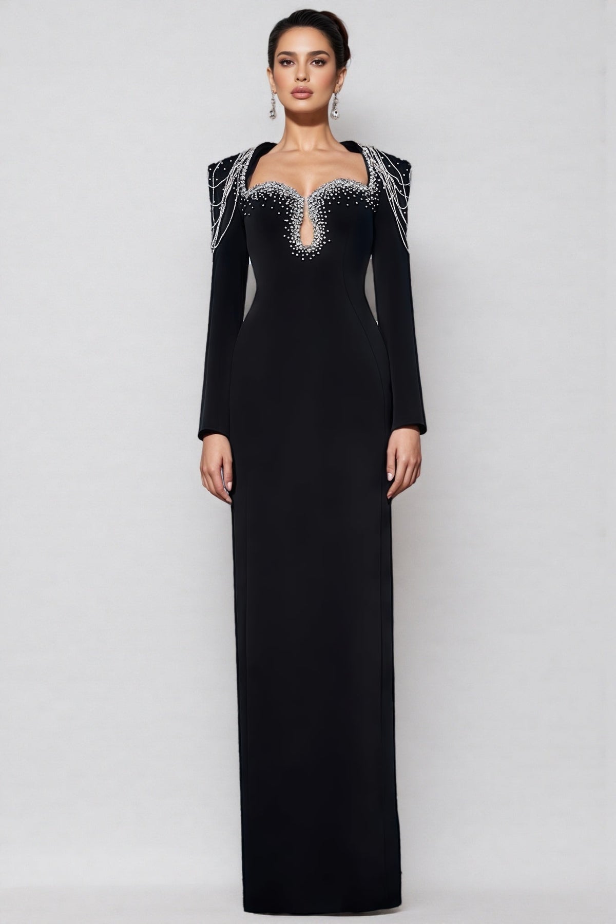 Crystal Fringe Shoulder Sweetheart Keyhole Column Maxi Gown